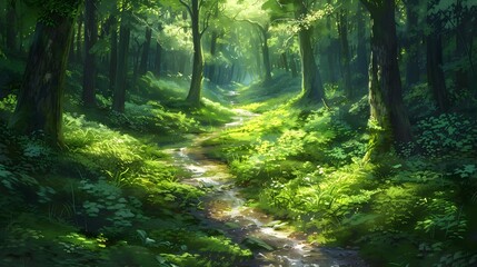 Obraz premium A Green Forest Path A Secluded Journey Through Verdant Tranquility