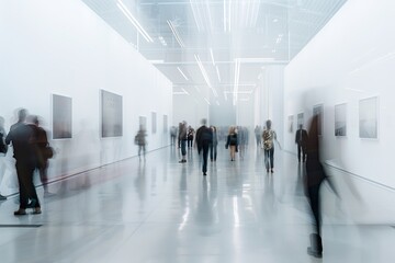 Art gallery museum modern people culture. Interior wall painting exhibition flat show contemporary walk exposition picture visitor artwork abstract white man group exhibit blur
