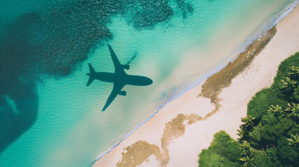 Vista aérea da sombra de um avião voando sobre uma praia tropical.