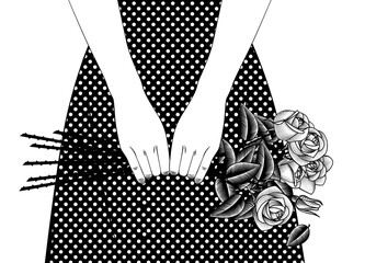 Beautiful girl in a polka dot dress holding a beautiful bouquet of white roses in her hands. Black and white vintage engraving, stylized drawing. Vector illustration