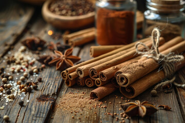 A bunch of cinnamon sticks are on a wooden table with other spices