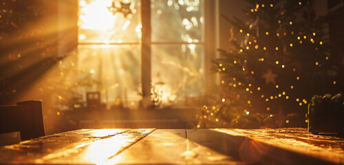 A ray of light illuminating a table with Christmas decorations. Christmas break.