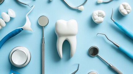 A tooth sits surrounded by various dental tools on a blue surface