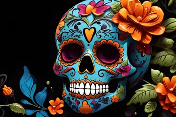 Beautiful colorful sugar skull with flowers on black background. Generative AI