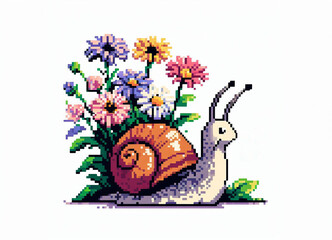 Pixel art illustration of snail with flowers isolated on white background