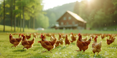 Vibrant scene of chickens energetically strutting near a country house at dusk.
