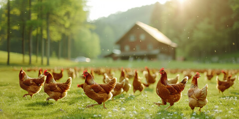 Vibrant scene of chickens energetically strutting near a country house at dusk. - Powered by Adobe