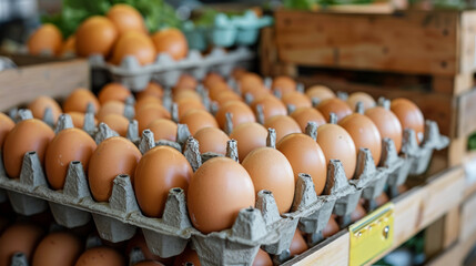 Carton trays of eggs neatly arranged on market display, symbolizing fresh farm produce.