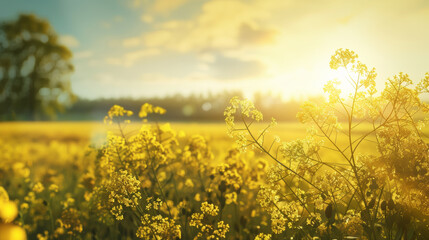 Obraz premium Golden rapeseed field under a vibrant sunset, showcasing the beauty of agricultural landscapes.