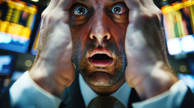 Close-up of a stressed stock trader gripping his head with a backdrop of glowing market screens. - Powered by Adobe