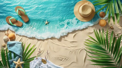 The photo shows a sandy beach with a straw hat, flip-flops, seashells, starfish, and palm leaves. The ocean is in the background.