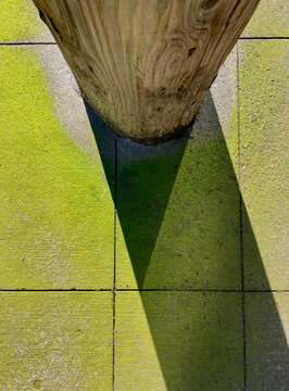Telephone pole casting shadows on sidewalk