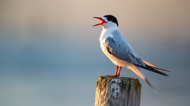 Common tern perches on a wooden pole and vocalizes Close up image of common tern against a watery backdrop on a summer evening with blank space for text