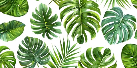 Fototapeta premium Various tropical leaves in shades of green arranged on a white background