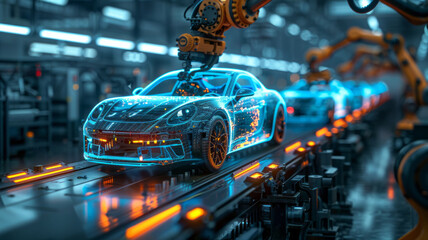 Creative Background, Automated Car Factory Concept, Robotic Arm Building Cars, Blue Glowing Bright Line,generative ai