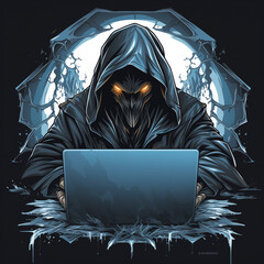 Mystical Figure In Dark Hood Using Laptop With Glowing Eyes At Night