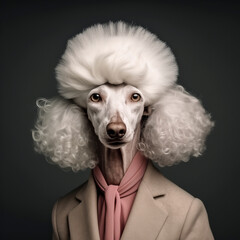 Fashionable Dog Wearing a Curly Wig and Stylish Jacket in Studio Portrait