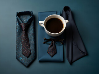 Stylish men’s gift set with coffee, glasses and tie, cup of coffee - Powered by Adobe