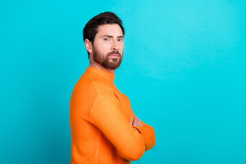 Profile side photo of confident bearded man folded arms wear trendy clothes isolated on cyan color...