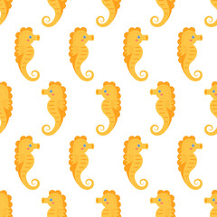 Seamless pattern with cute sea horse. Maritime background and sea animal. Underwater life. Modern print for design, fabric, banner, embroidery, wallpaper. Vector illustration