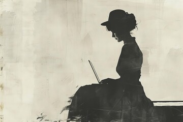 silhouette of vintage woman sitting on platform typing on laptop black and white sketch collage