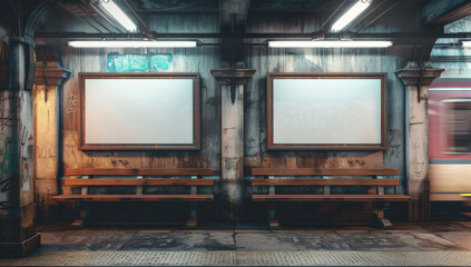 A mockup of two blank posters on a wall in an empty subway station with vintage wooden benches and concrete floors. This photo captures the essence of old-fashioned public transportation in a document