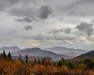 Scenic view of fall in the mountains of New Hampshire with moody sky
