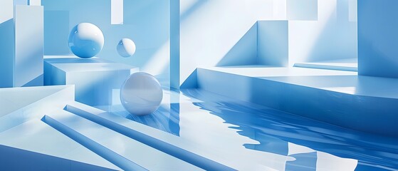 Abstract Architectural 3D Geometric Shapes Minimal Monochrome Blue and White Interior Conceptual Design