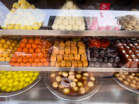 Indian sweets in display cabinet