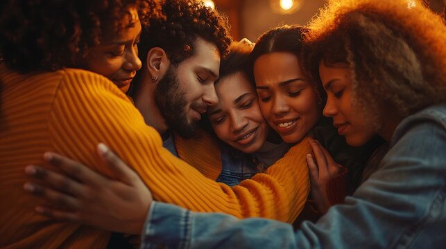 Group of diverse friends embracing, showing unity and support