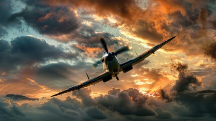 A second world war plane in the dramatic sky.