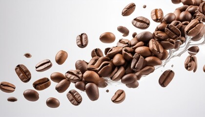 Coffee beans in flight on white background