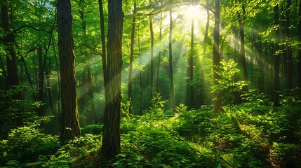 The photo shows green trees in the forest with sun rays shining through them.