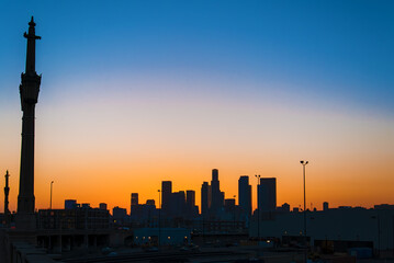 Scenic view of Los Angeles skyline at sunset in California