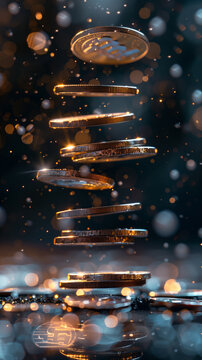 A stack of floating shiny coins on bokeh background, Vertical wallpaper