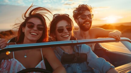 Three young friends are riding in a convertible, enjoying the warm weather and the sunset. They are all smiling and look happy and carefree.