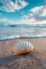 Scallop shell on the sand beach at sunset against blurred ocean background.