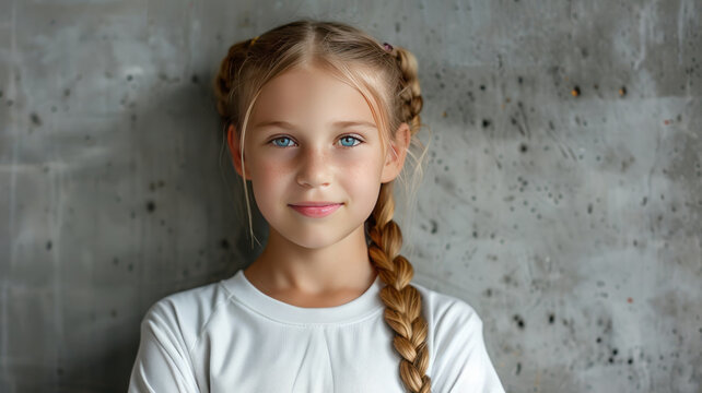 blonde girl with pigtails 10 years old in football uniform, deep white T-shirt generative ai