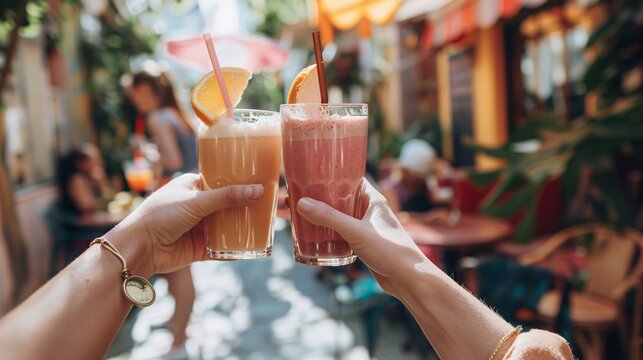 Selective focus captures a pair of friends toasting with smoothies, set against a blurred background of a cheerful outdoor cafe