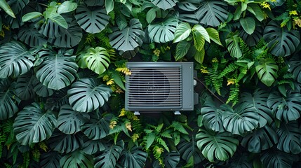 a modern air conditioning unit seamlessly integrated amidst vibrant greenery