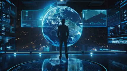 Businessman, night or vr global network hologram for digital future technology, big data or virtual reality. Dark office, globe overlay or person in futuristic metaverse world