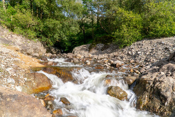 Creek beside rocks in wooded area with trees, water stream in nature