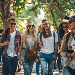 Happy students friends standing together outdoor in summer park having fun in nature and enjoying meeting on holidays. Group of a young people walking in garden and having weekend activity
