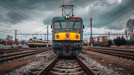 Obraz premium Front view of a locomotive with cinematic and professional photography style.