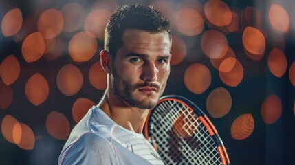 Candid portrait of a handsome tennis player holding a racket in a white t-shirt on a dark background, with blurred light effects and bokeh, in a high-contrast, high-resolution photographic style.