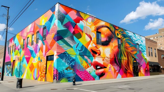 A dynamic street art mural covering the side of a building, generative AI