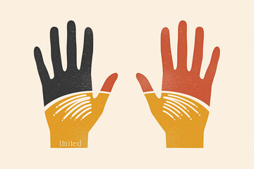 A pair of hands with yellow, red and black colours on beige background and text "United" on one hand. Vector illustration of minimalist logo. Simple flat design