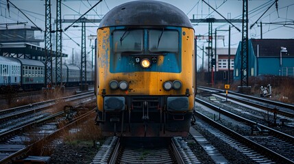 Obraz premium Front view of a locomotive with cinematic and professional photography style.