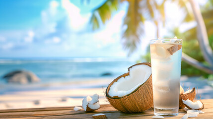 Coconut and Glass of Juice on Wooden Surface with Ocean Background