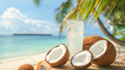Coconut and Glass of Juice on Wooden Surface with Ocean Background